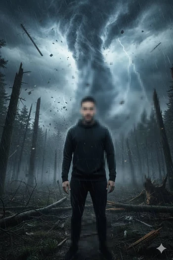 Man Standing in a Stormy Forest with a Tornado and Lightning Behind Him