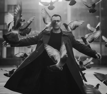 Man standing in black coat surrounded by flying pigeons in dramatic scene