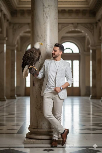 Man standing in elegant marble hall holding a majestic bald eagle on his arm