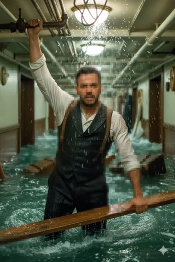Man Standing in Flooded Corridor Holding Pipe and Wooden Plank