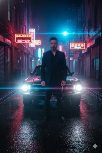 Man Standing in Front of Classic Car Under Neon Lights in a Cyberpunk City Street
