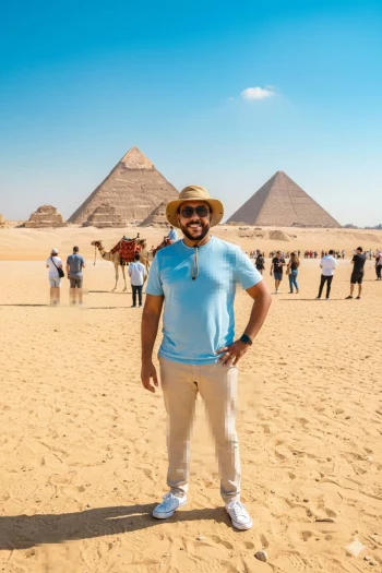 Man standing in front of the Great Pyramids of Giza on a sunny day