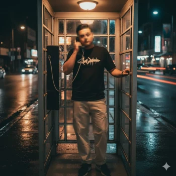 Man standing in phone booth at night on wet city street with neon lights