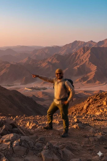 Man standing on rocky mountain peak at sunrise pointing towards distant valley