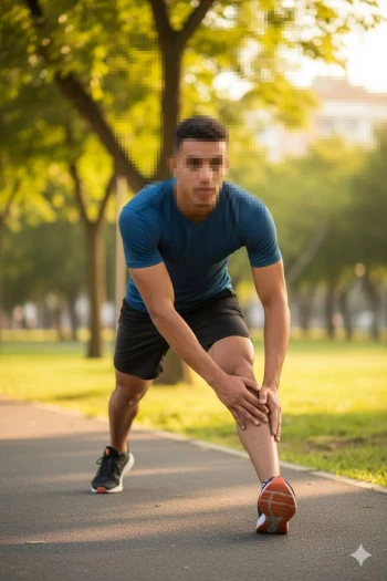 Man Stretching in Park Wearing Blue Shirt and Black Shorts on Sunny Morning