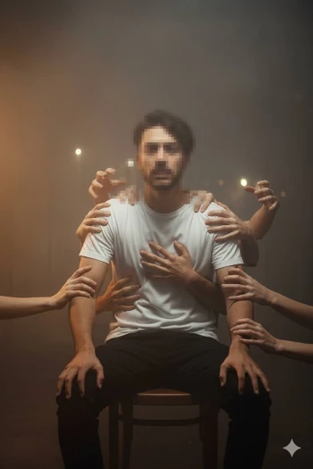 Man surrounded by reaching hands in dramatic emotional cinematic lighting