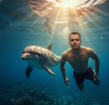 Man Swimming Underwater with Dolphin in Crystal Clear Ocean