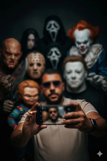 Man taking selfie surrounded by iconic horror movie characters in dark setting