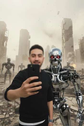 Man taking selfie with robot in futuristic destroyed city background