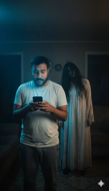 Man Using Phone Unaware of Ghostly Figure Standing Behind Him