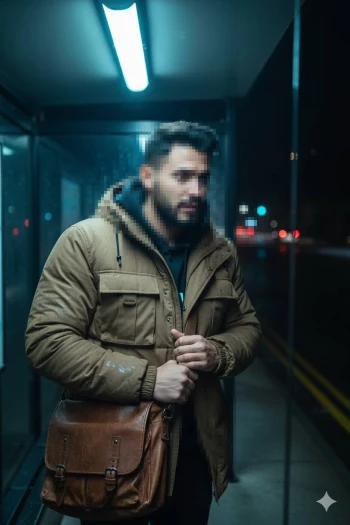 Man waiting at a bus stop on a cold night wearing a brown winter jacket