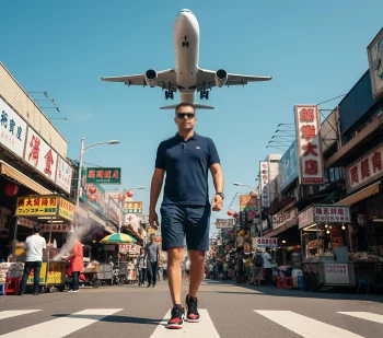 Man Walking Confidently in Busy Street as Airplane Flies Overhead