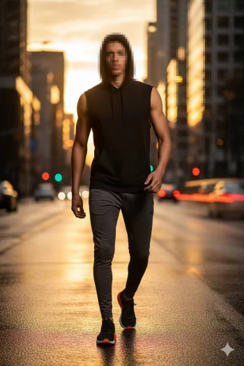 Man Walking Confidently in City Street at Sunset Wearing Black Hoodie