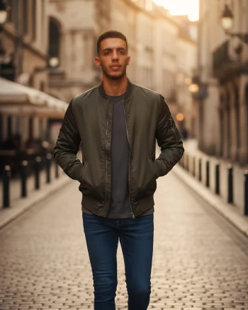 Man Walking Confidently on City Street During Golden Sunset