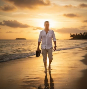 Man Walking on the Beach at Sunset in White Shirt and Beige Pants