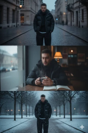 Man walking through city streets and relaxing in cafe during cold winter day