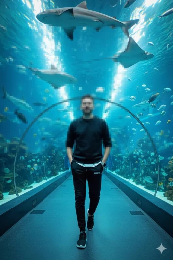 Man walking through underwater tunnel surrounded by sharks and tropical fish