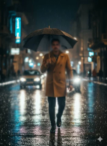Man walking under umbrella on rainy city street at night with glowing lights