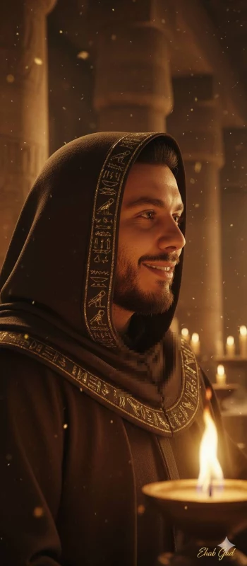 Man wearing ancient robe with golden hieroglyphs holding flame in dim temple