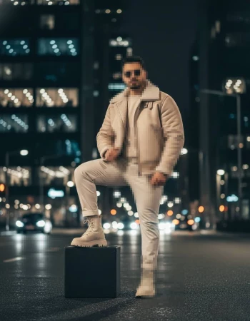 Man wearing beige jacket and boots posing confidently in city street at night
