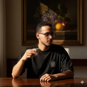 Man wearing black t-shirt and glasses enjoying coffee in a softly lit room