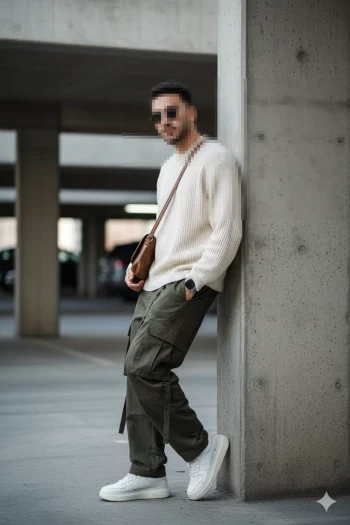 Man wearing cream sweater and green cargo pants leaning on concrete pillar