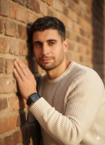 Man Wearing Cream Sweater Leaning Against Brick Wall in Warm Sunset Light
