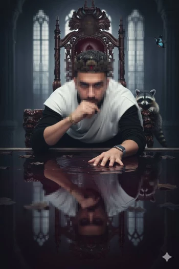 Man Wearing Crown Sitting on Throne with Reflection in Dark Royal Hall