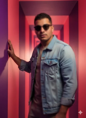 Man wearing denim jacket and sunglasses in neon pink and purple hallway