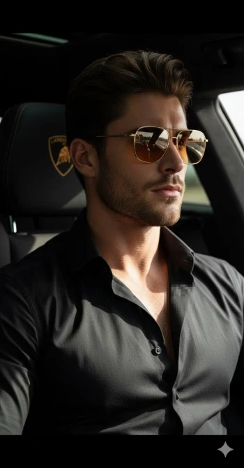 Man wearing sunglasses sitting inside luxury Lamborghini car in black shirt