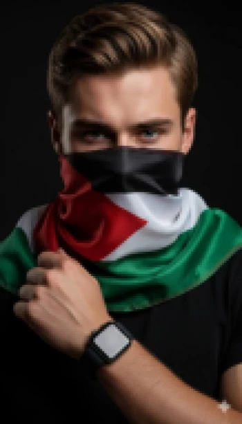 Man wearing symbolic flag scarf with intense gaze on dark background