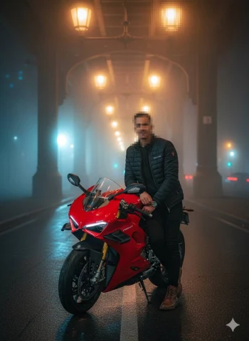 Man with a red motorcycle under foggy street lights at night