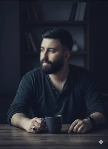 Man with beard holding a coffee mug in a dimly lit cozy room