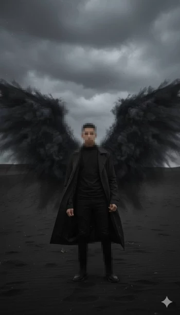 Man with Black Smoke Wings Standing on Dark Desert Under Stormy Sky
