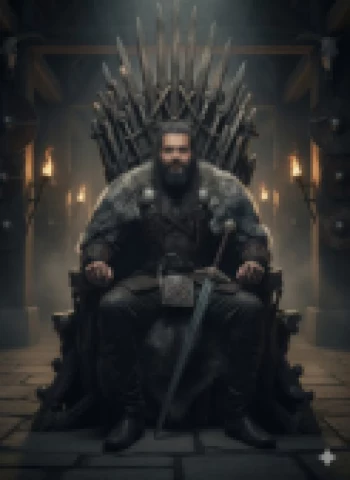 Medieval Warrior King Sitting on Sword Throne with Fur Cloak and Sword in Hand