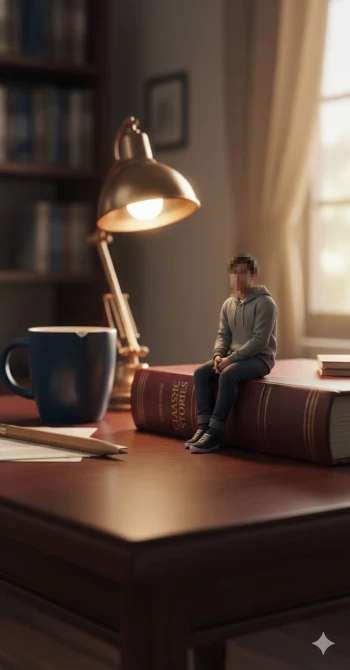 Miniature Man Sitting on Classic Book Under Warm Desk Lamp in Cozy Room