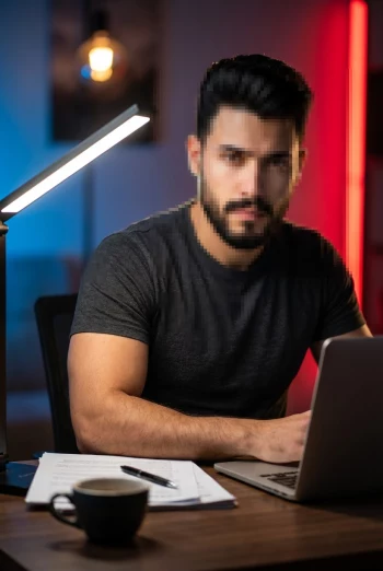 Modern Man Working on Laptop in Stylish Neon-Lit Home Office