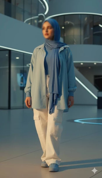 Modern Woman in Blue Hijab Walking Confidently in Futuristic Building