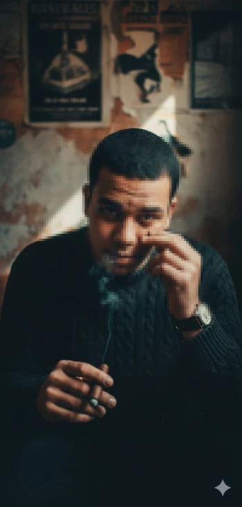 Moody Portrait of a Man Smoking Indoors with Vintage Lighting and Posters