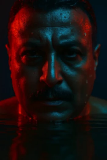 Moody Portrait of Man Emerging from Water Under Red and Blue Cinematic Light