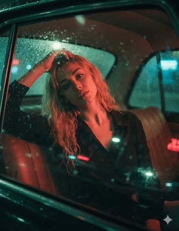 Moody woman in car under neon lights on a rainy night
