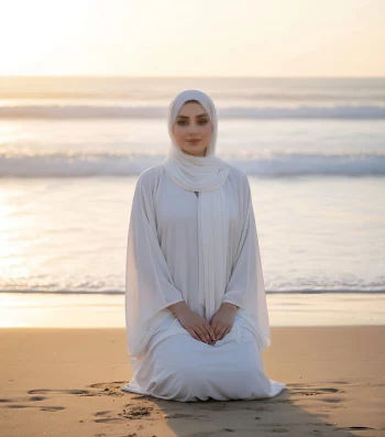 Muslim Woman in White Hijab Praying Peacefully on the Beach at Sunset