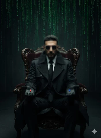 Mysterious man in black holding red and blue pills in digital matrix world