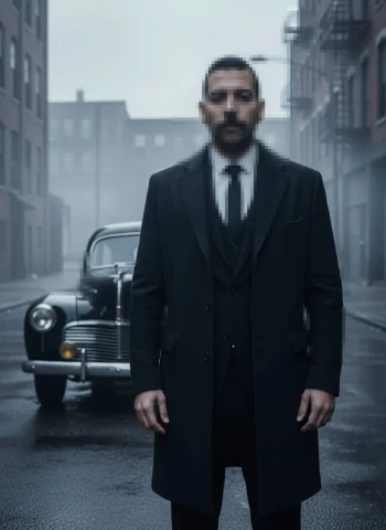 Mysterious Man in Black Suit Standing on a Foggy Urban Street
