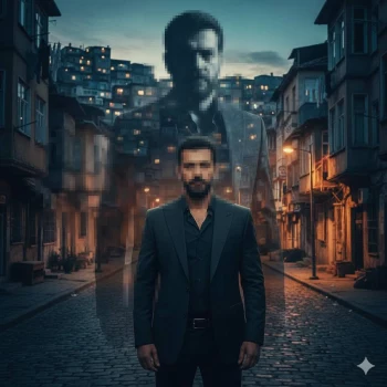 Mysterious man standing on an old city street at dusk with cinematic lighting