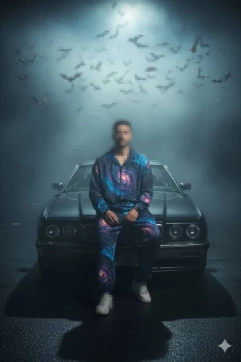 Mystical Night Portrait of a Man in Galaxy Outfit Sitting on a Classic Car