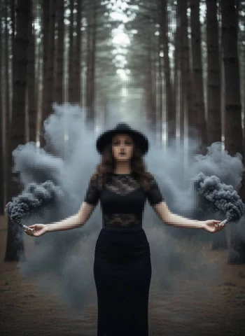 Mystical Woman in Black with Smoke Bombs in an Enchanted Forest