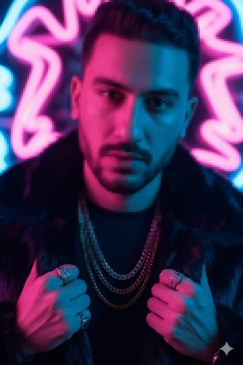 Neon-Lit Portrait of a Man in Fur Jacket and Chains in Vibrant Studio Lighting
