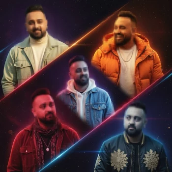 Neon-themed collage of a man in five stylish outfits with futuristic lighting