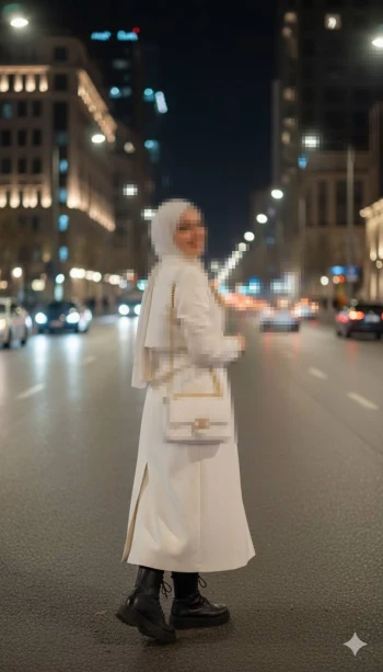 Night street portrait of a woman in an all-white outfit with a glowing city backdrop